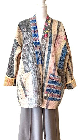 Handmade Indian Vintage Cotton Kantha Jacket, Reversible, Stripes