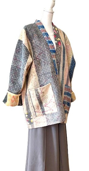 Handmade Indian Vintage Cotton Kantha Jacket, Reversible, Stripes