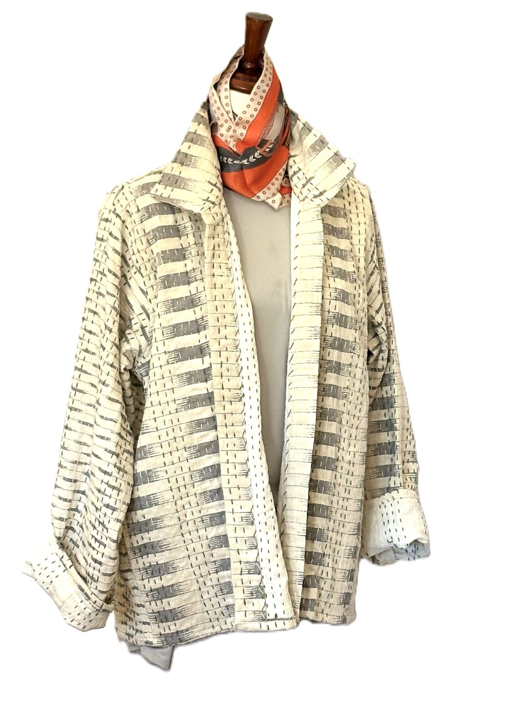 Hand Printed And Kantha Embroidered Jacket, Fully Reversible Encompasses All Seasons (Cream)