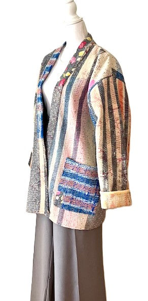 Handmade Indian Vintage Cotton Kantha Jacket, Reversible, Stripes
