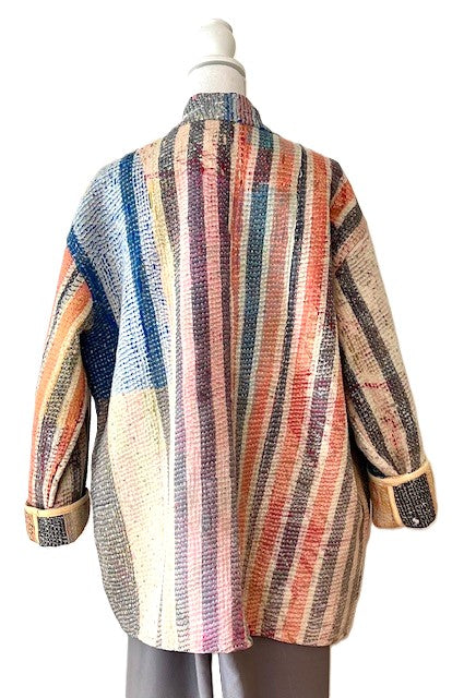 Handmade Indian Vintage Cotton Kantha Jacket, Reversible, Stripes