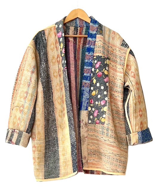 Handmade Indian Vintage Cotton Kantha Jacket, Reversible, Stripes