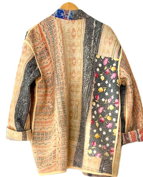 Handmade Indian Vintage Cotton Kantha Jacket, Reversible, Stripes
