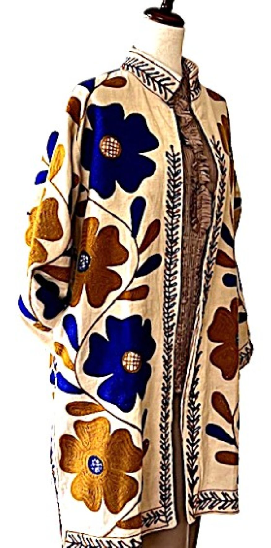 Jacket - Wearable Art In This Embroidered, Fully Reversible Boho Kimono: Handmade (Blue, Brown)