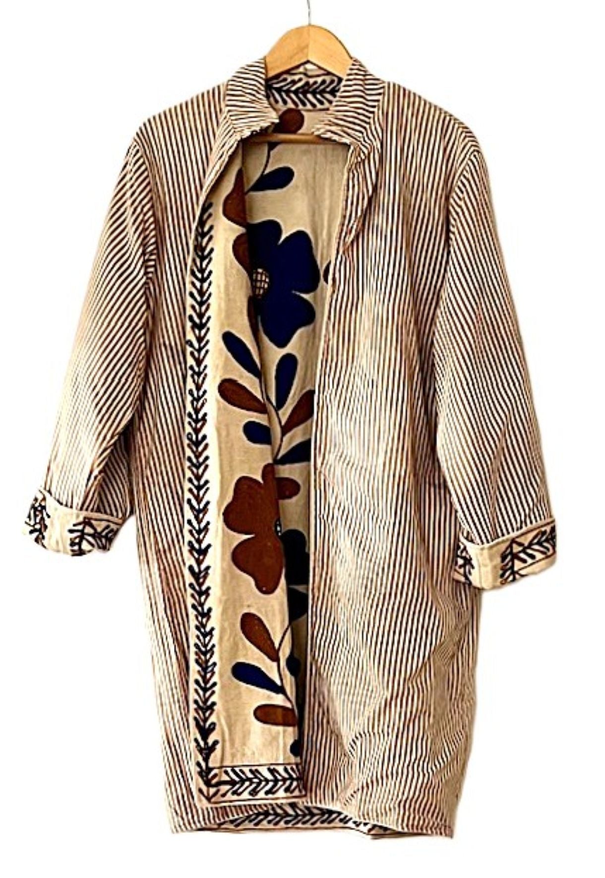 Jacket - Wearable Art In This Embroidered, Fully Reversible Boho Kimono: Handmade (Blue, Brown)