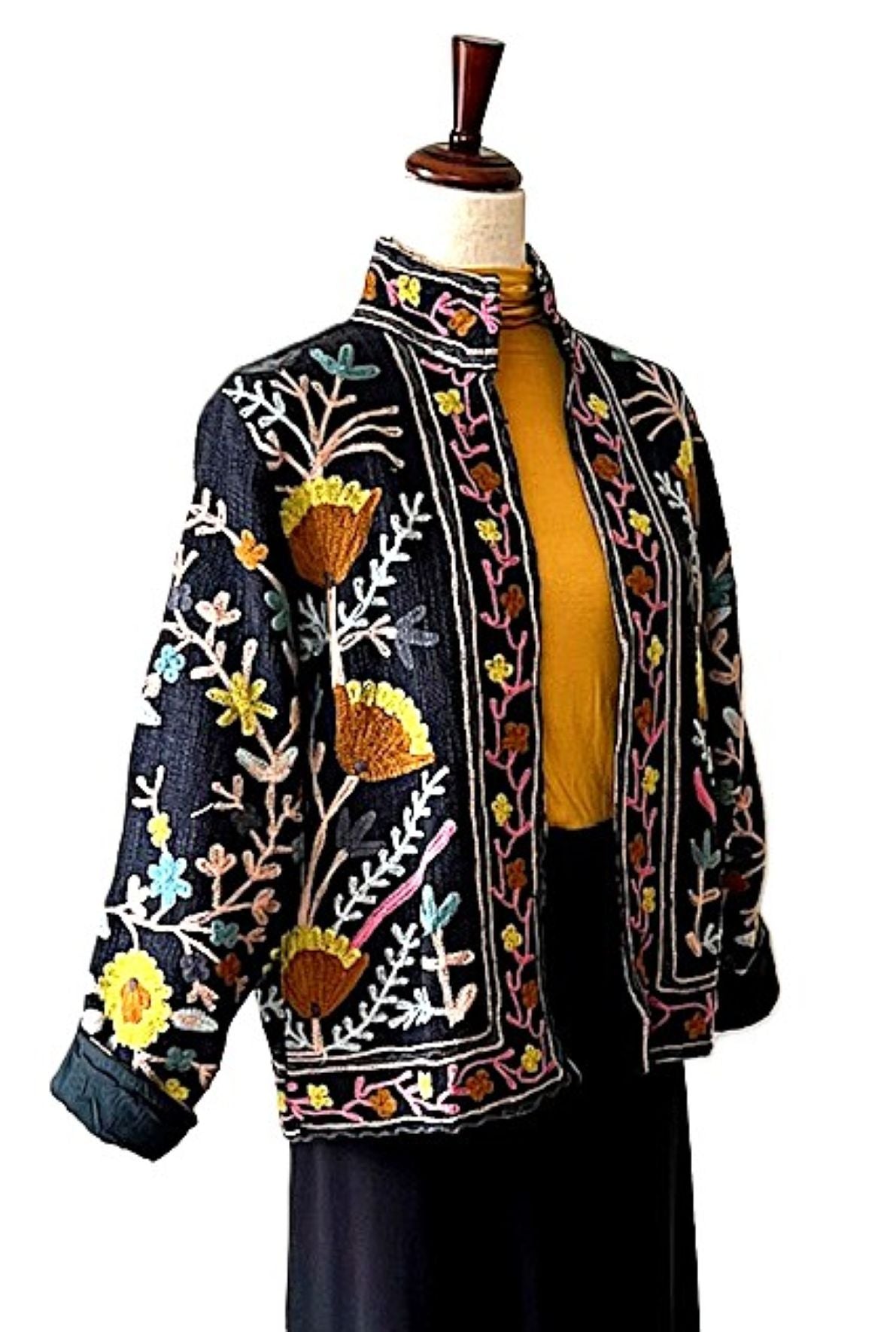 Jacket: Handmade Suzani Embroidered Cotton Jacket, Reversible (Black)