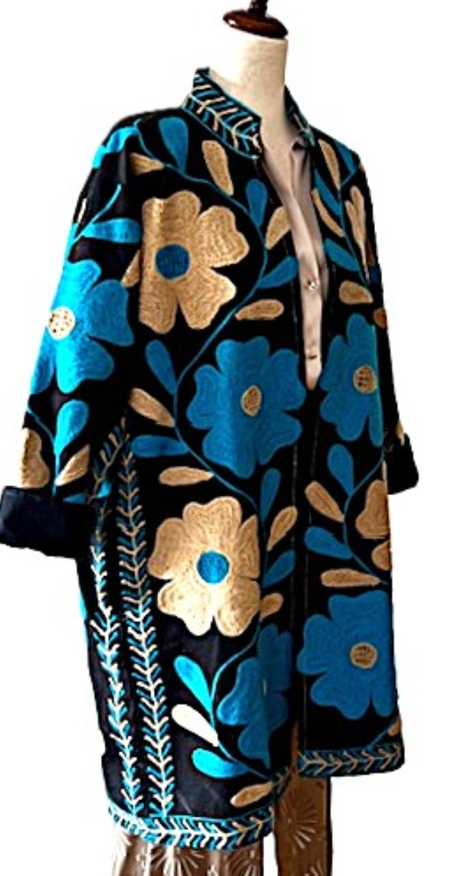Jacket - Wearable Art, Embroidered, Fully Reversible Boho Kimono: Handmade (Turquoise Black)