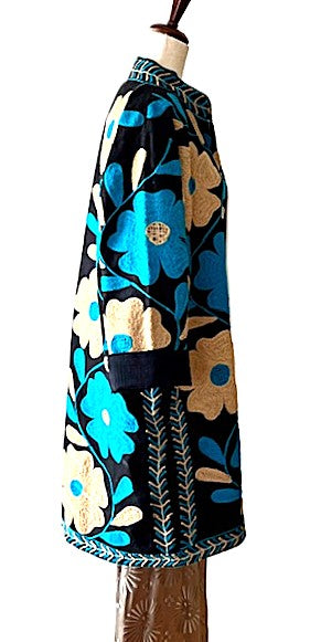 Jacket - Wearable Art, Embroidered, Fully Reversible Boho Kimono: Handmade (Turquoise Black)
