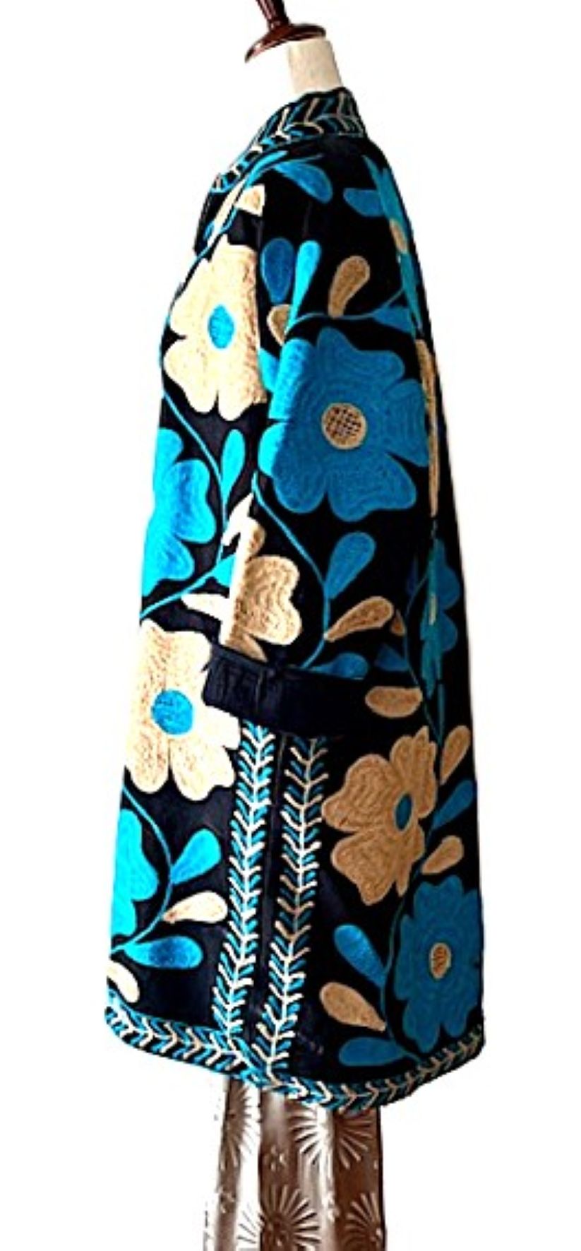 Jacket - Wearable Art, Embroidered, Fully Reversible Boho Kimono: Handmade (Turquoise Black)