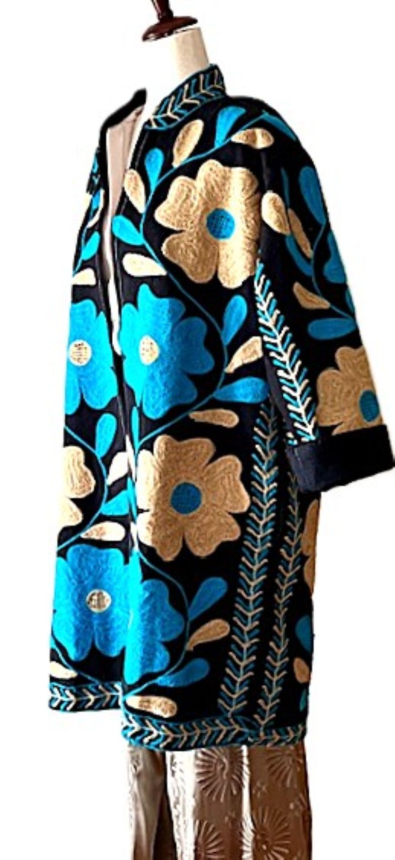 Jacket - Wearable Art, Embroidered, Fully Reversible Boho Kimono: Handmade (Turquoise Black)