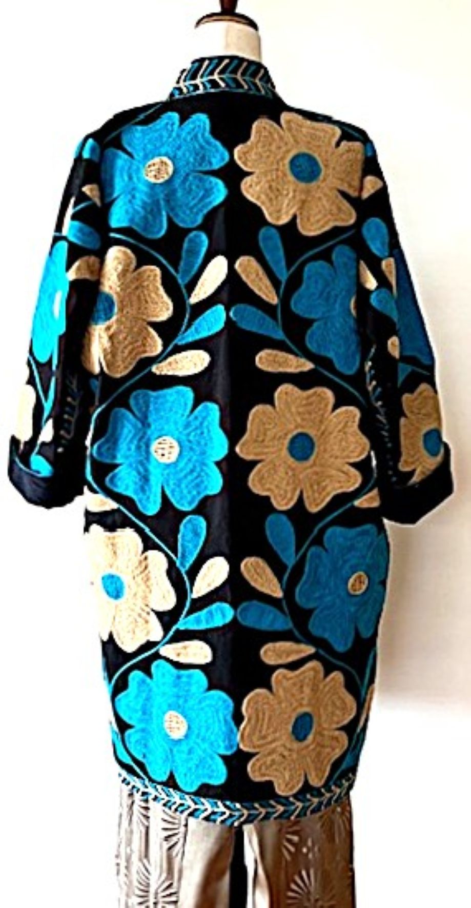 Jacket - Wearable Art, Embroidered, Fully Reversible Boho Kimono: Handmade (Turquoise Black)