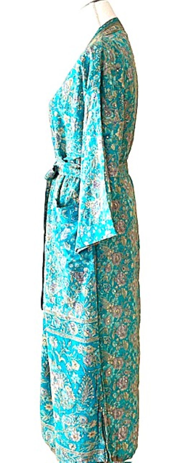Luxurious Silk Kimono Duster, Traditional Classic (Aqua )
