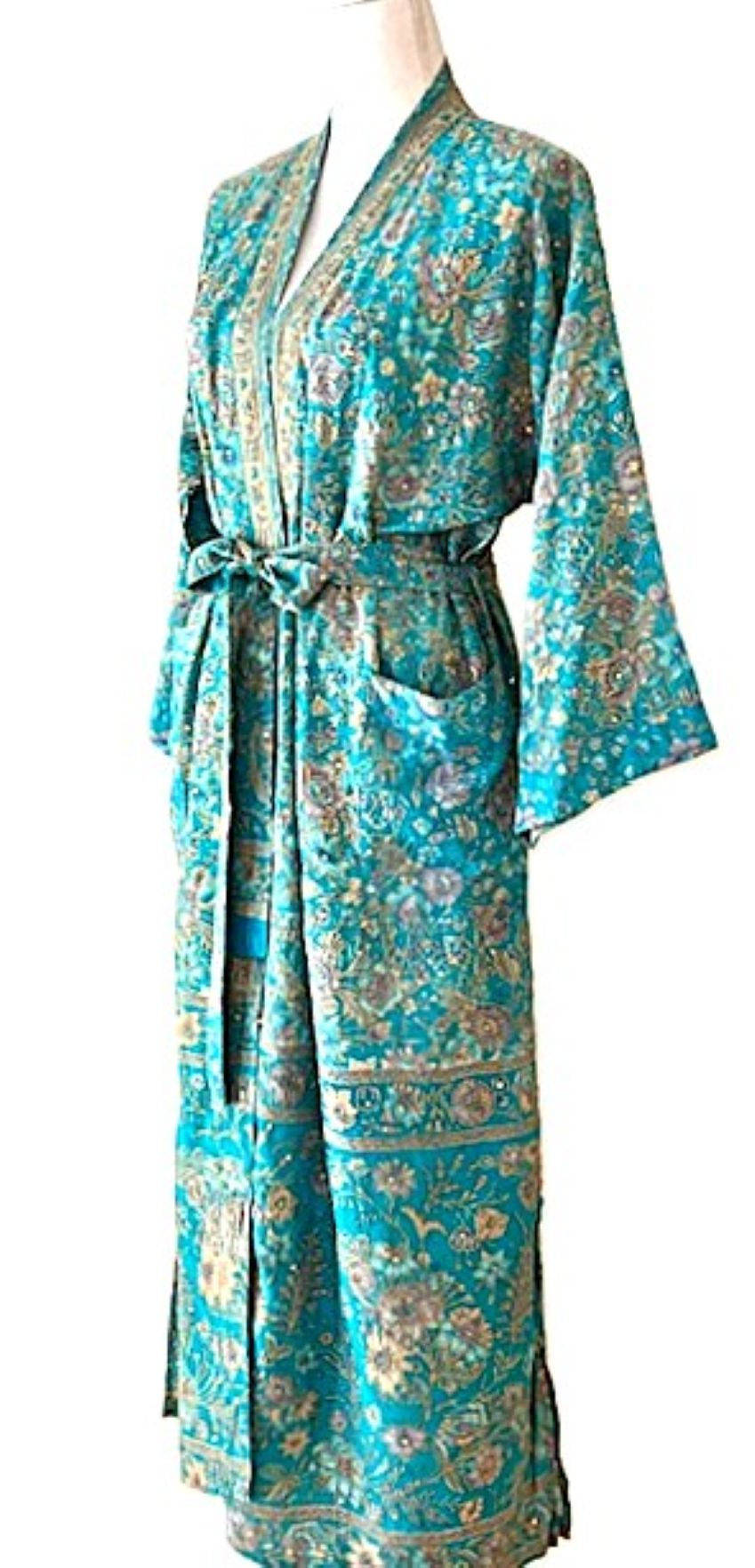 Luxurious Silk Kimono Duster, Traditional Classic (Aqua )