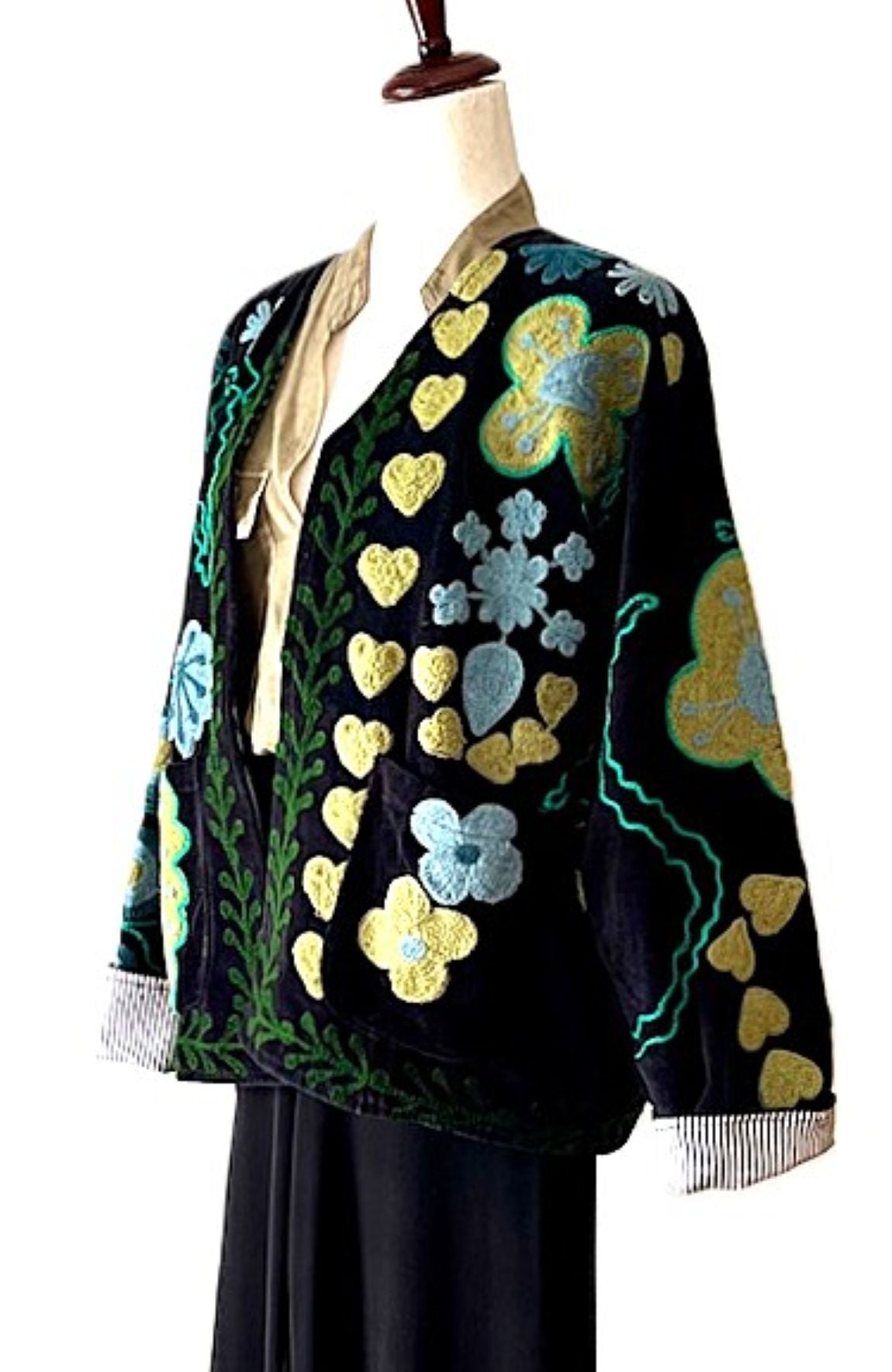 Jacket, Handmade Suzani Velvet Fully Reversible Jacket: Embroidered Folk Art Coat (Black)