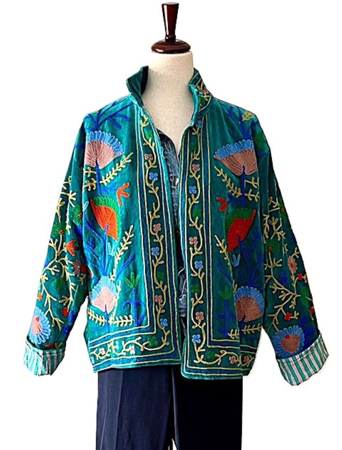Jacket, Handmade Suzani Velvet Fully Reversible Jacket: Embroidered Folk Art Coat (Teal)