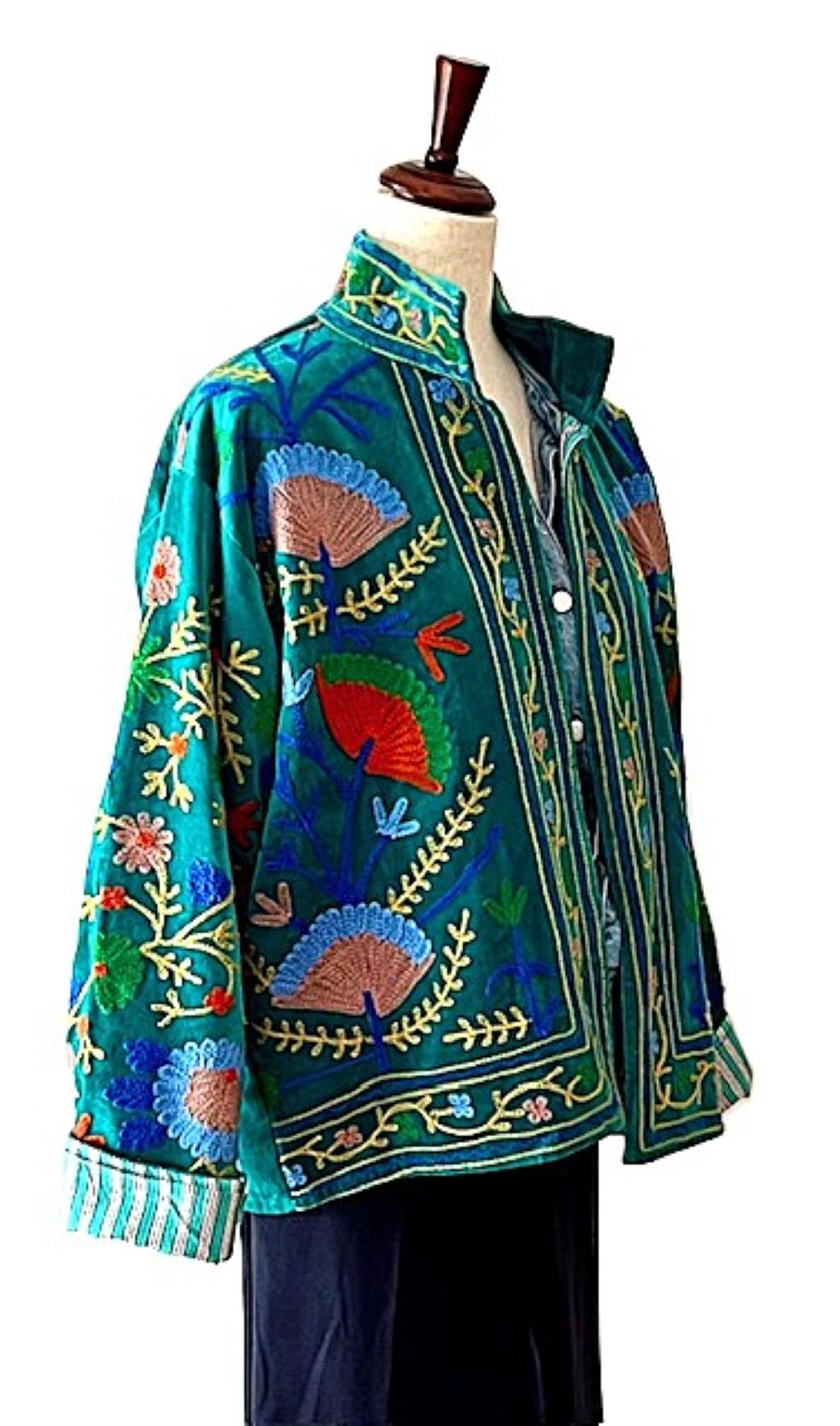 Jacket, Handmade Suzani Velvet Fully Reversible Jacket: Embroidered Folk Art Coat (Teal)