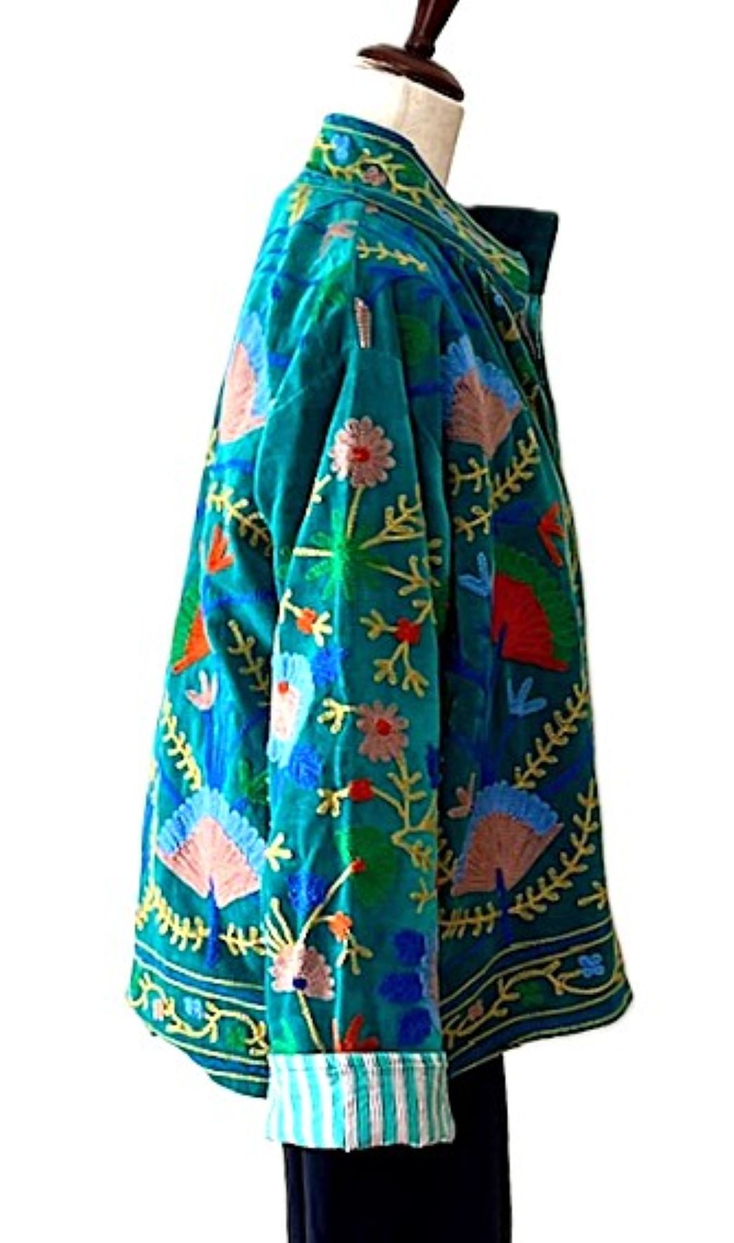 Jacket, Handmade Suzani Velvet Fully Reversible Jacket: Embroidered Folk Art Coat (Teal)