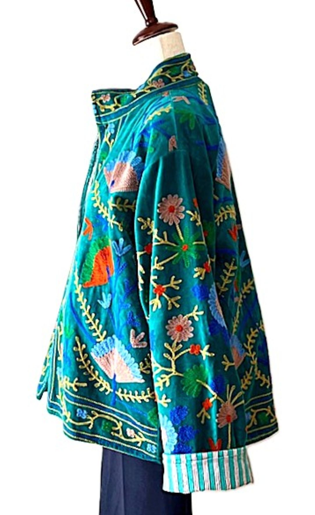 Jacket, Handmade Suzani Velvet Fully Reversible Jacket: Embroidered Folk Art Coat (Teal)