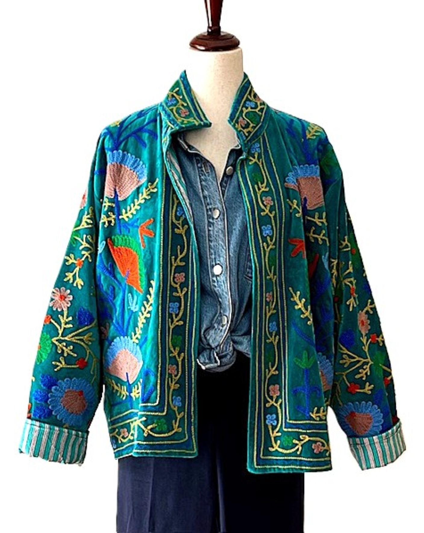 Jacket, Handmade Suzani Velvet Fully Reversible Jacket: Embroidered Folk Art Coat (Teal)