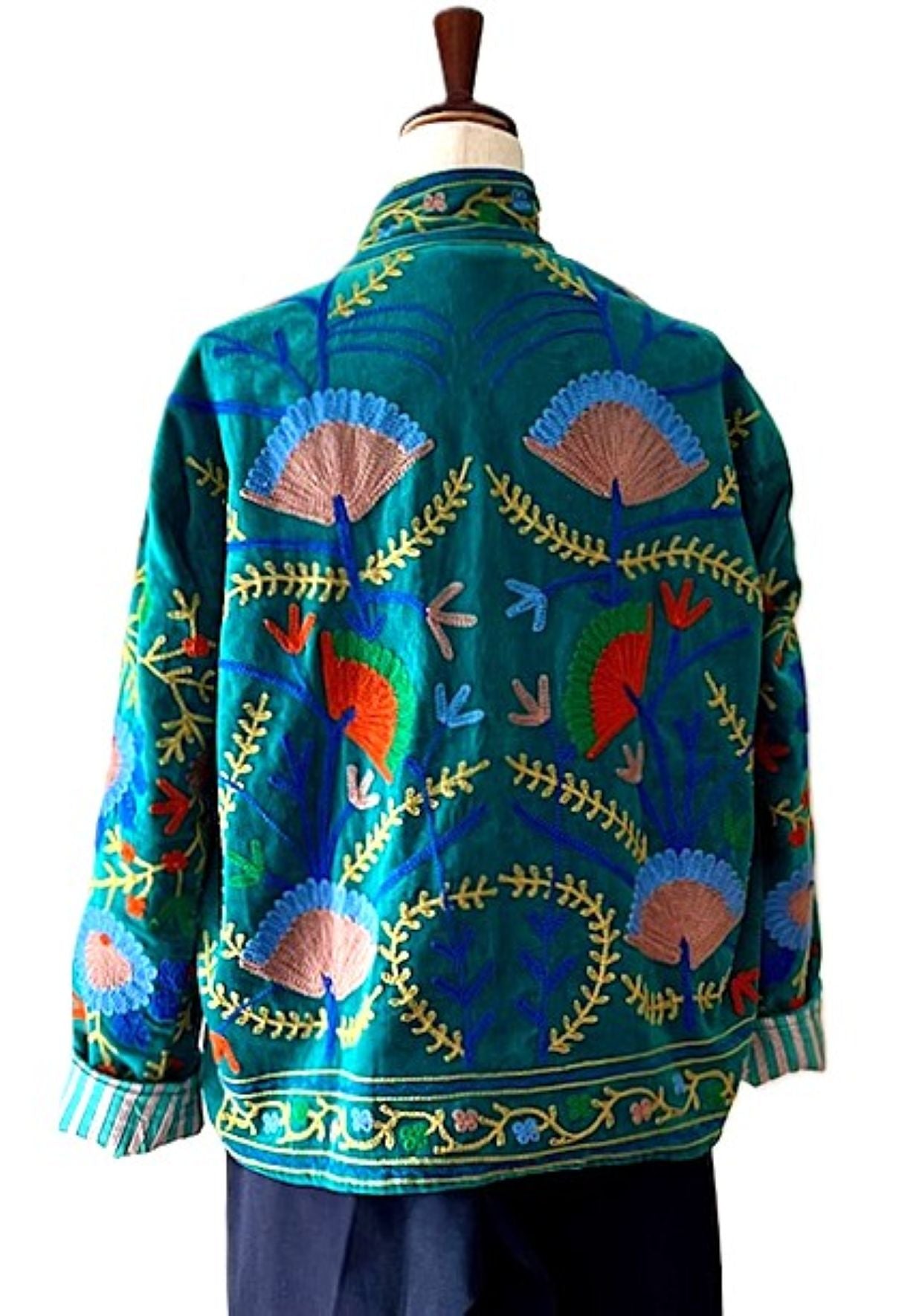 Jacket, Handmade Suzani Velvet Fully Reversible Jacket: Embroidered Folk Art Coat (Teal)