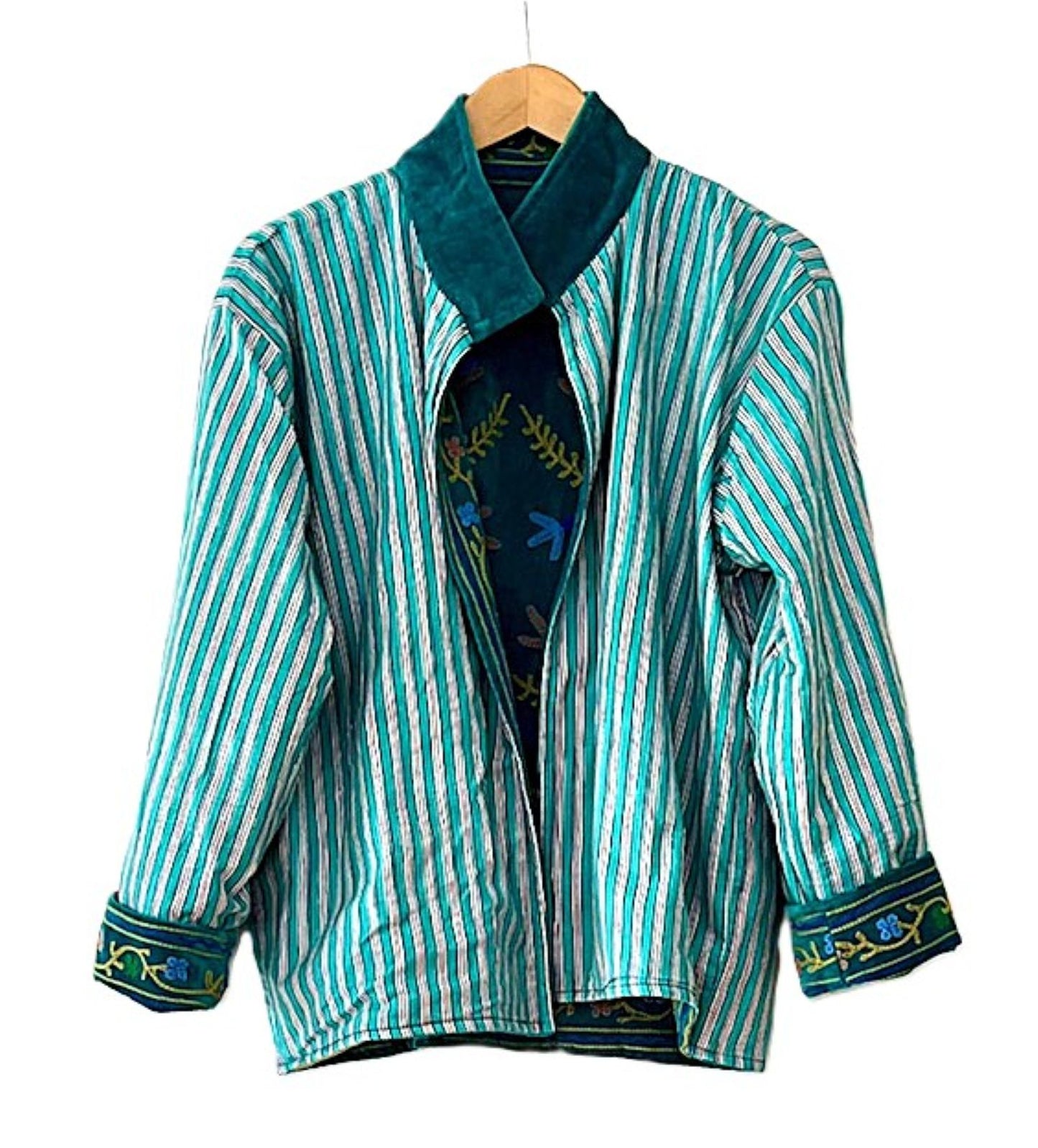 Jacket, Handmade Suzani Velvet Fully Reversible Jacket: Embroidered Folk Art Coat (Teal)