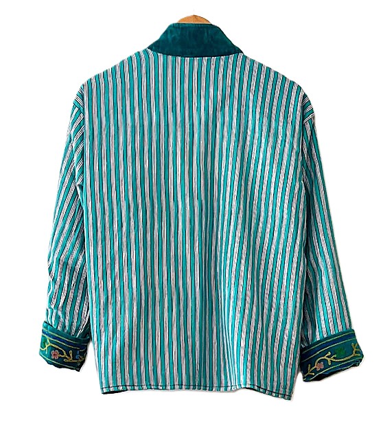 Jacket, Handmade Suzani Velvet Fully Reversible Jacket: Embroidered Folk Art Coat (Teal)