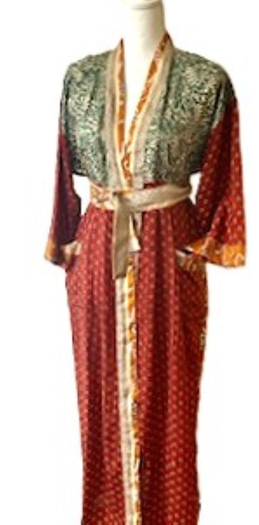 Top of the Line Silk Kimono Duster, Dramatic Abstract Print. Elegant (Rust)