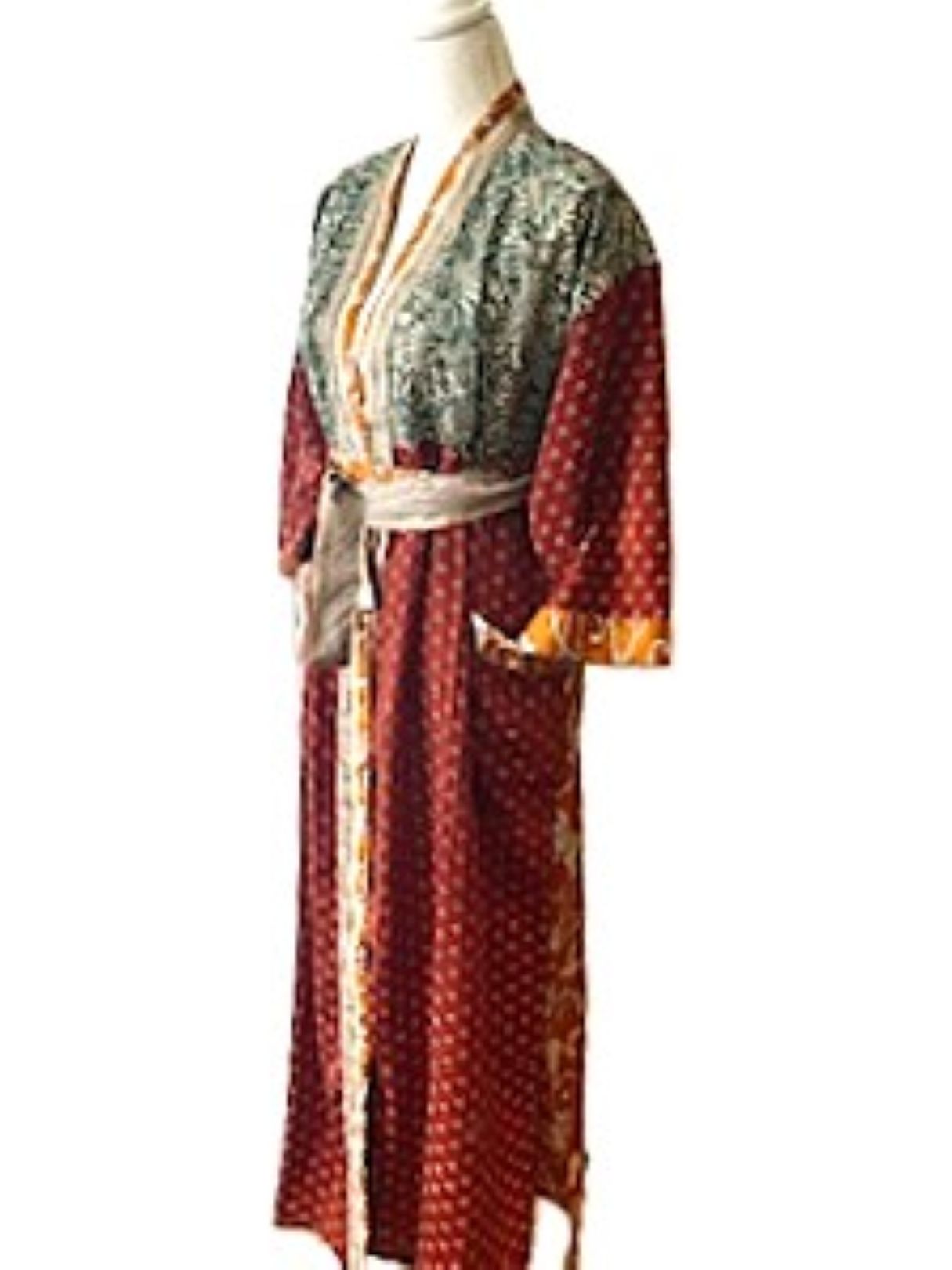 Top of the Line Silk Kimono Duster, Dramatic Abstract Print. Elegant (Rust)
