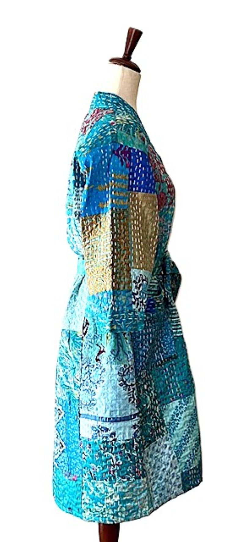 Quilted Silk Kantha Kimono Patchwork Duster. Multicolor. (Turquoise)