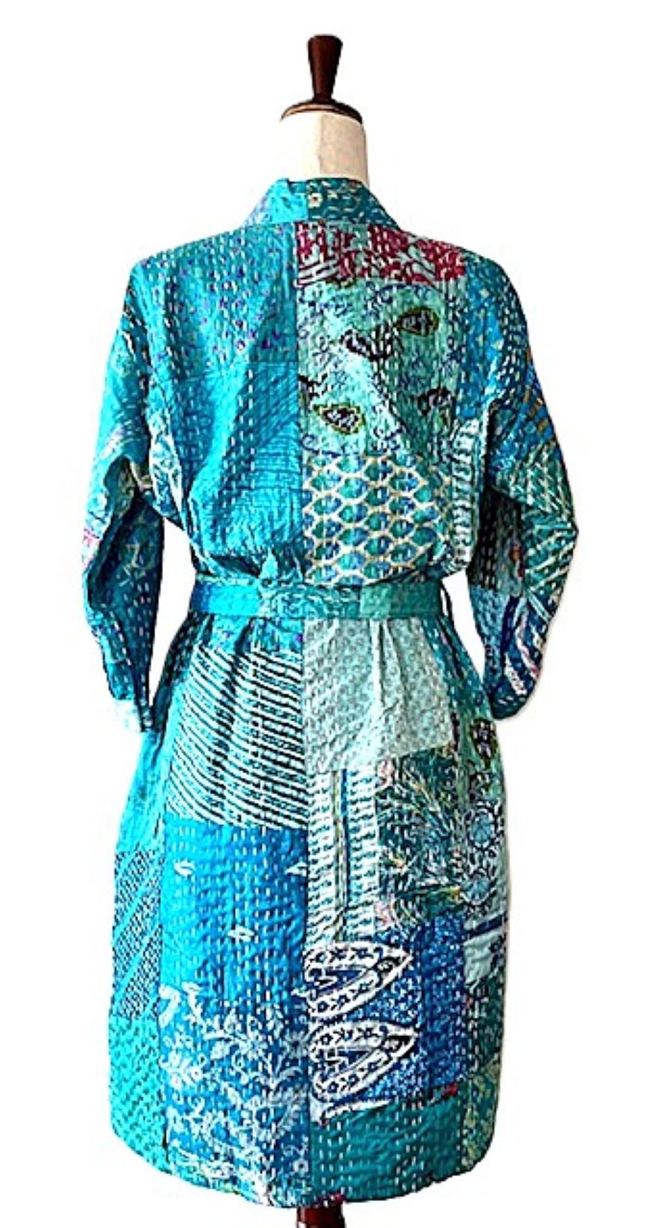 Quilted Silk Kantha Kimono Patchwork Duster. Multicolor. (Turquoise)