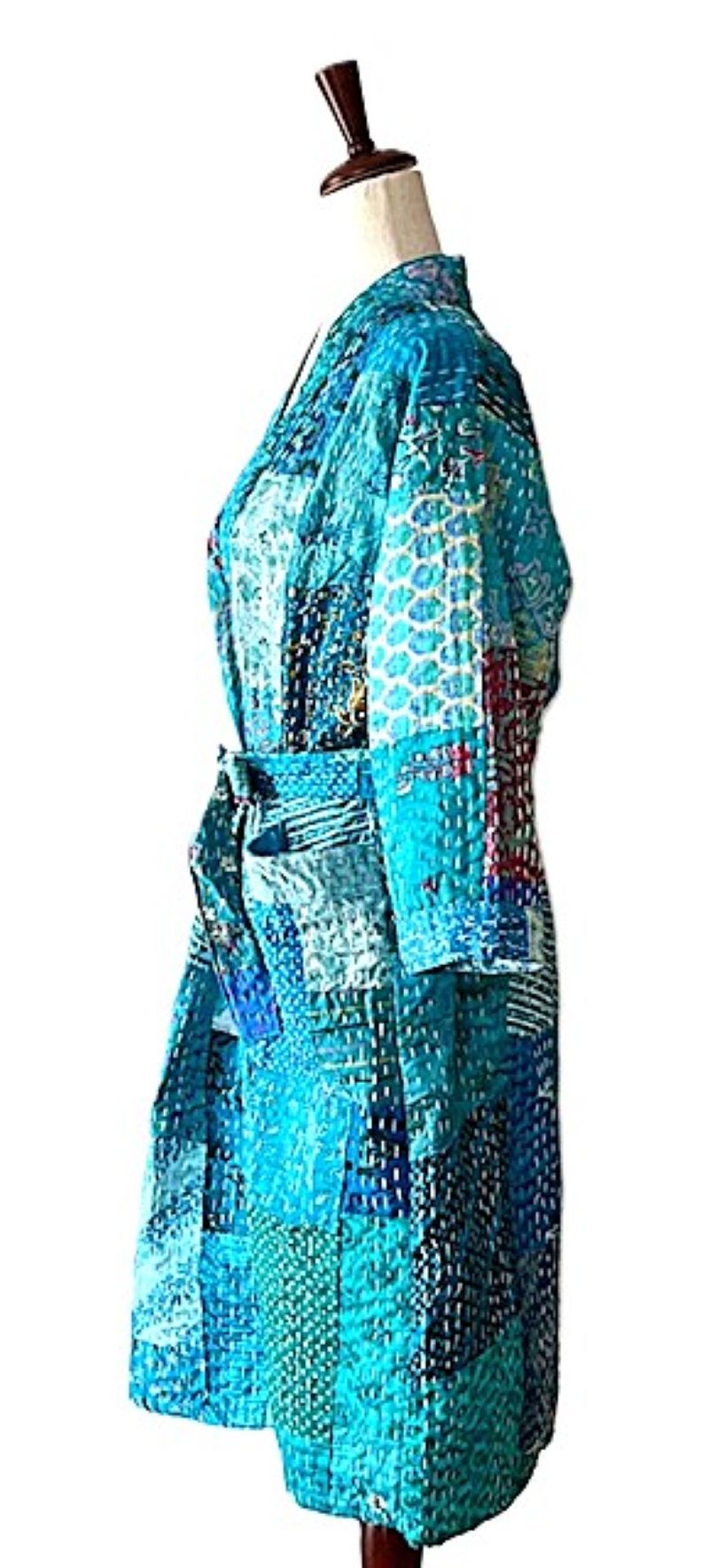 Quilted Silk Kantha Kimono Patchwork Duster. Multicolor. (Turquoise)