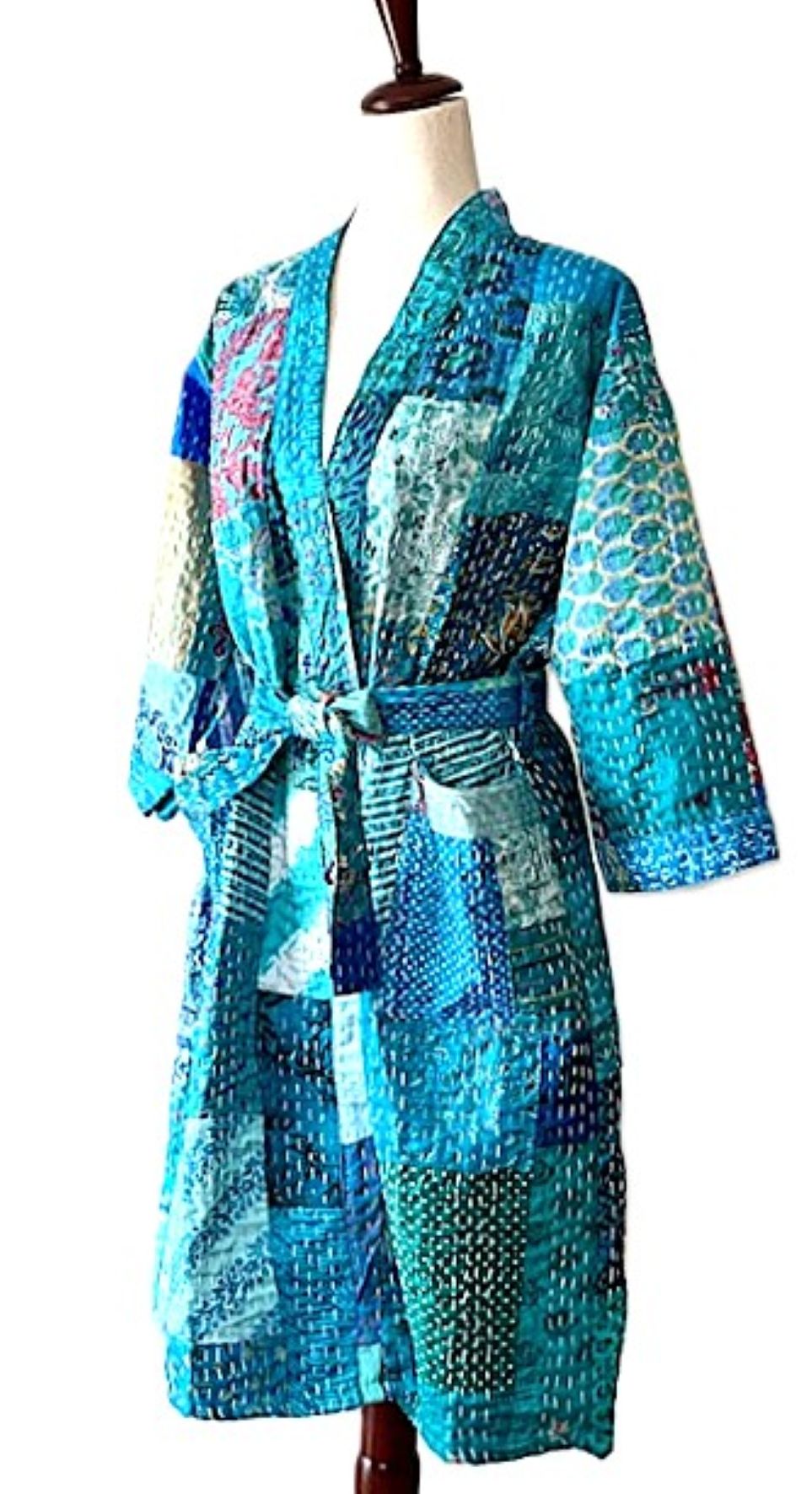 Quilted Silk Kantha Kimono Patchwork Duster. Multicolor. (Turquoise)