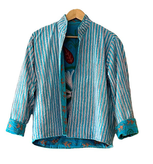 Jacket, Wearable Art In This Hand Embroidered Short Cotton Velvet Jacket, Reversible (Turquoise)