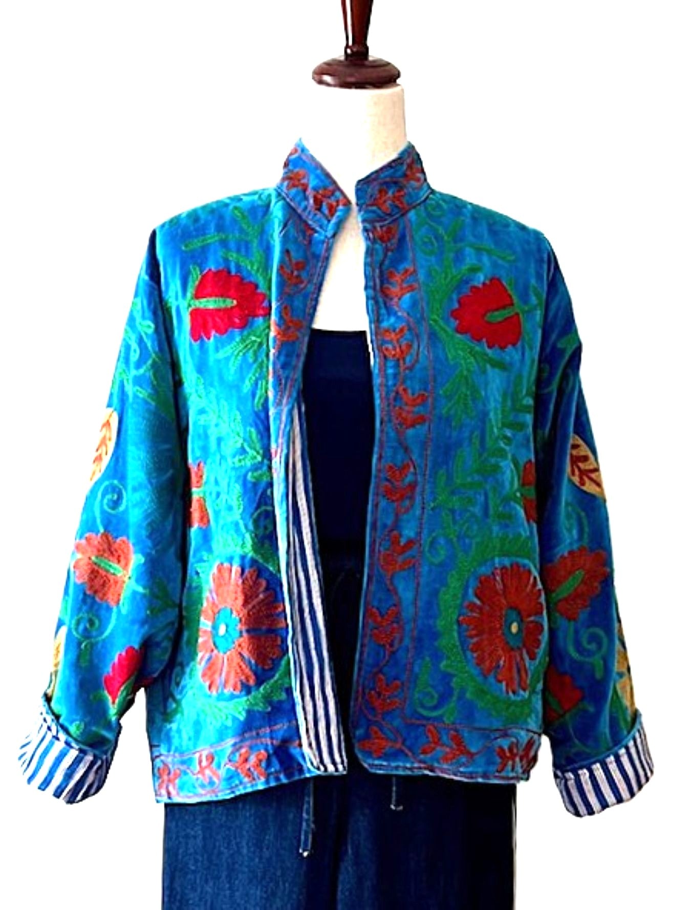 Jacket, Wearable Art In This Hand Embroidered Short Cotton Velvet Jacket, Fully Reversible. (Royal)