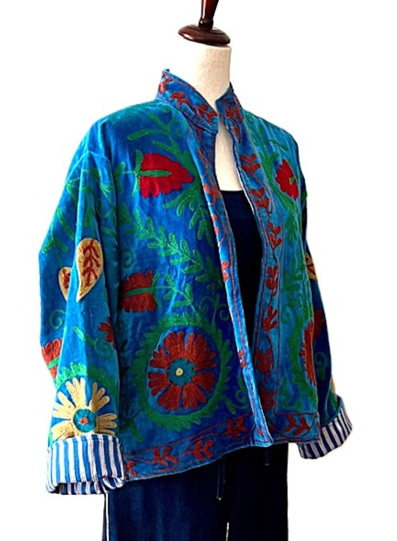 Jacket, Wearable Art In This Hand Embroidered Short Cotton Velvet Jacket, Fully Reversible. (Royal)