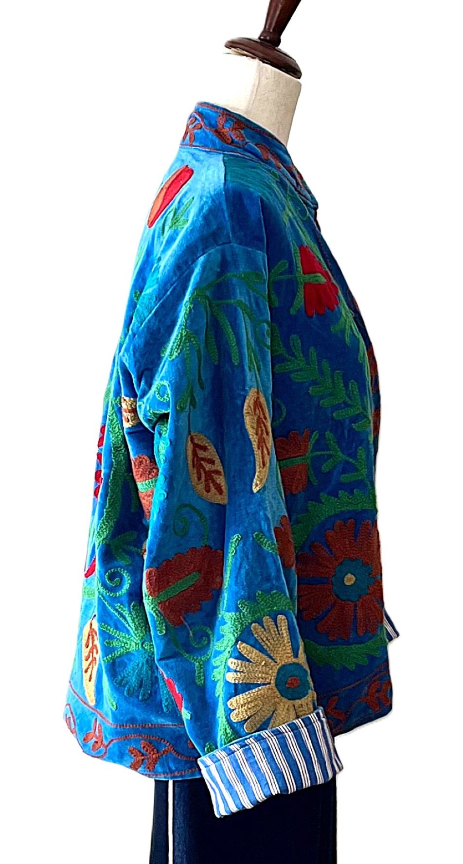 Jacket, Wearable Art In This Hand Embroidered Short Cotton Velvet Jacket, Fully Reversible. (Royal)
