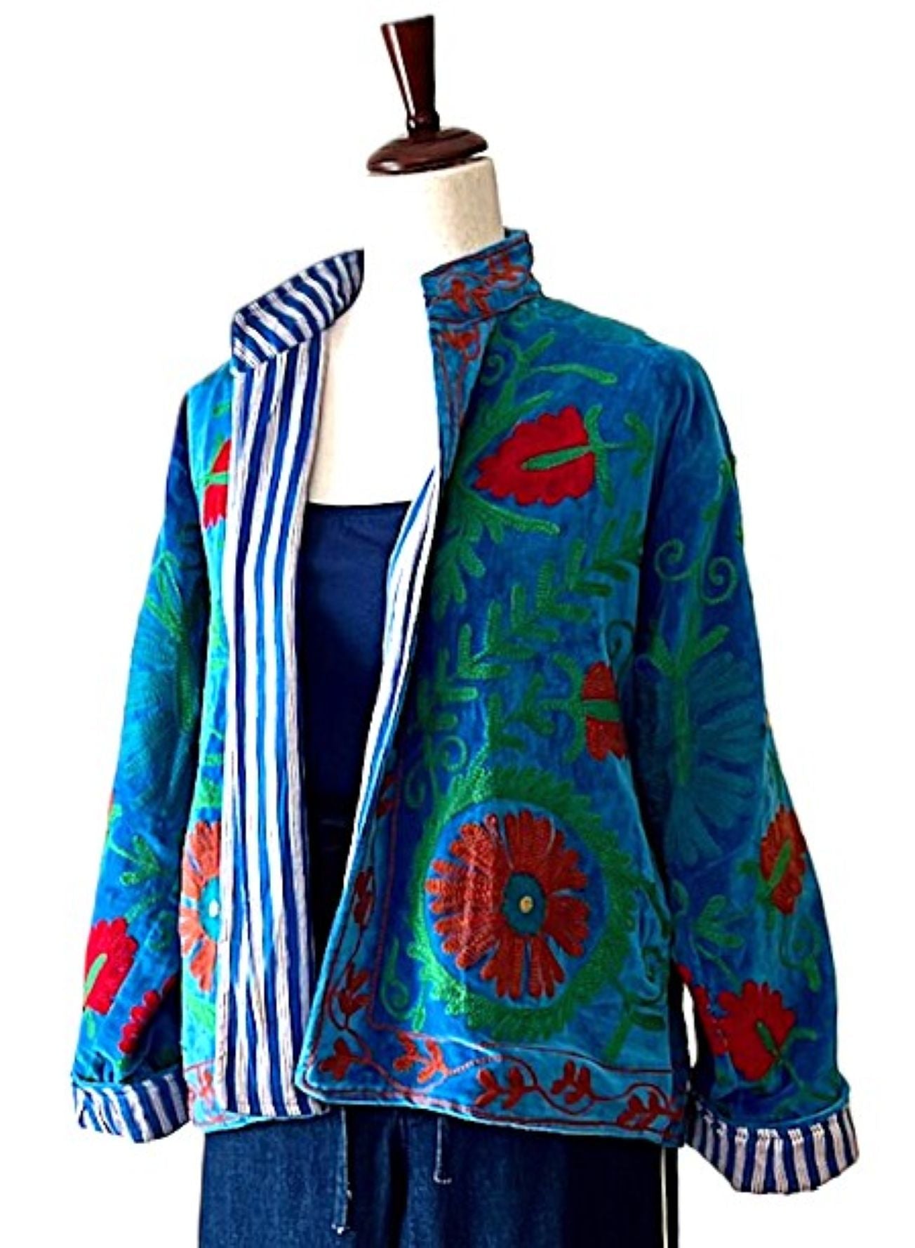 Jacket, Wearable Art In This Hand Embroidered Short Cotton Velvet Jacket, Fully Reversible. (Royal)