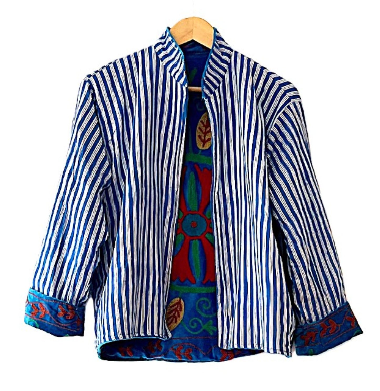 Jacket, Wearable Art In This Hand Embroidered Short Cotton Velvet Jacket, Fully Reversible. (Royal)