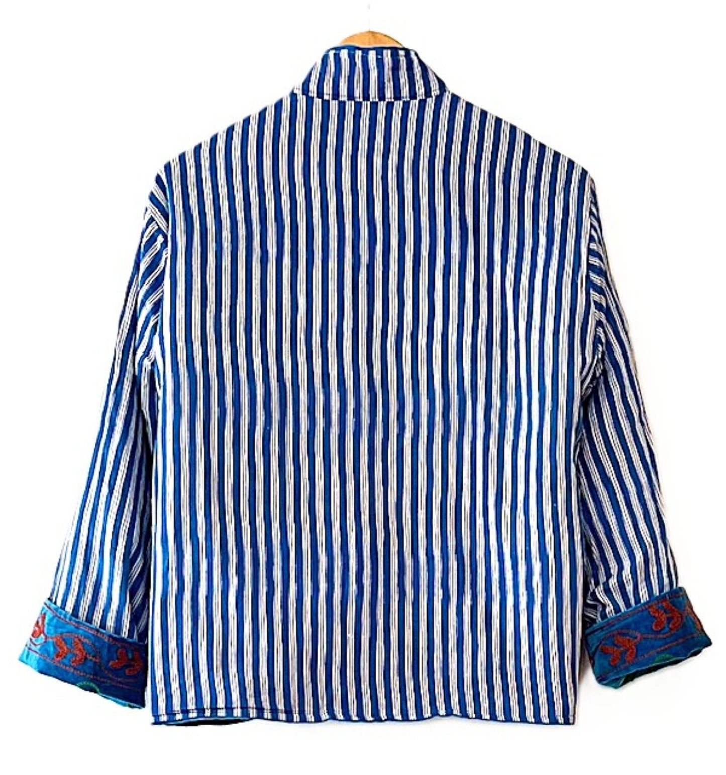 Jacket, Wearable Art In This Hand Embroidered Short Cotton Velvet Jacket, Fully Reversible. (Royal)