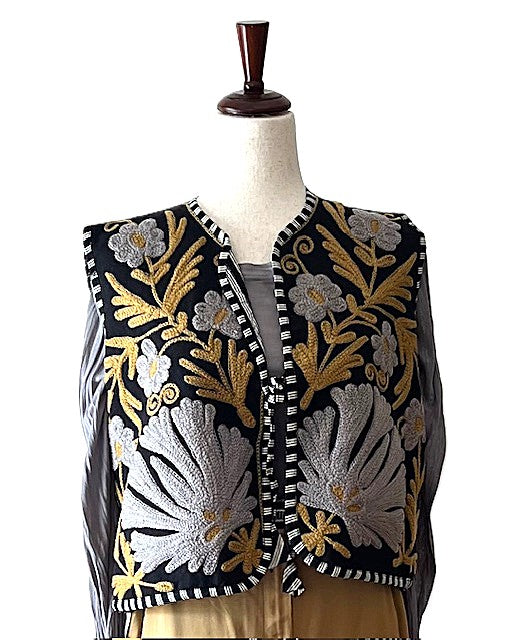 Fully Reversible Designer Handmade Embroidered Vest. Stunning. (Black Gold)
