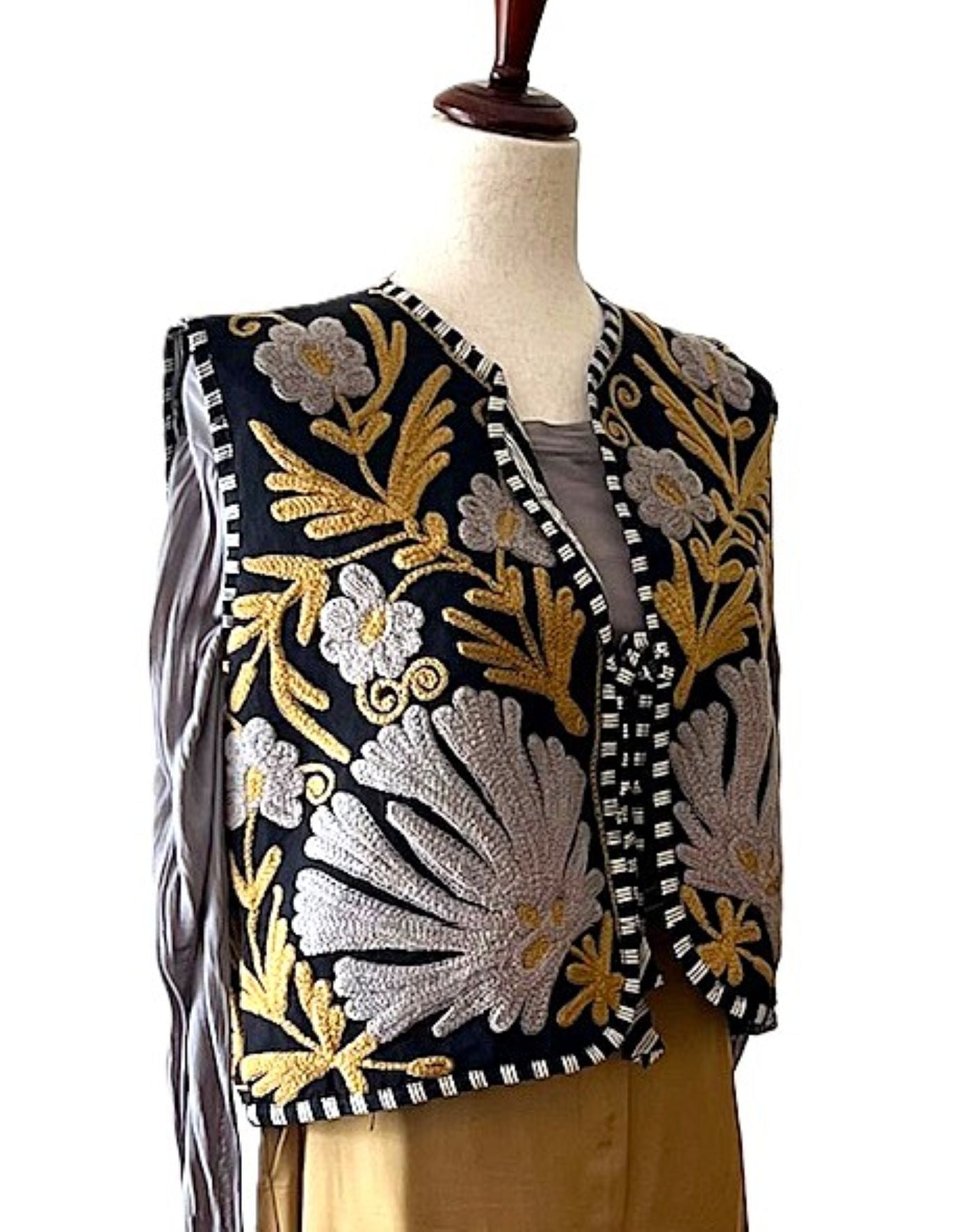 Fully Reversible Designer Handmade Embroidered Vest. Stunning. (Black Gold)