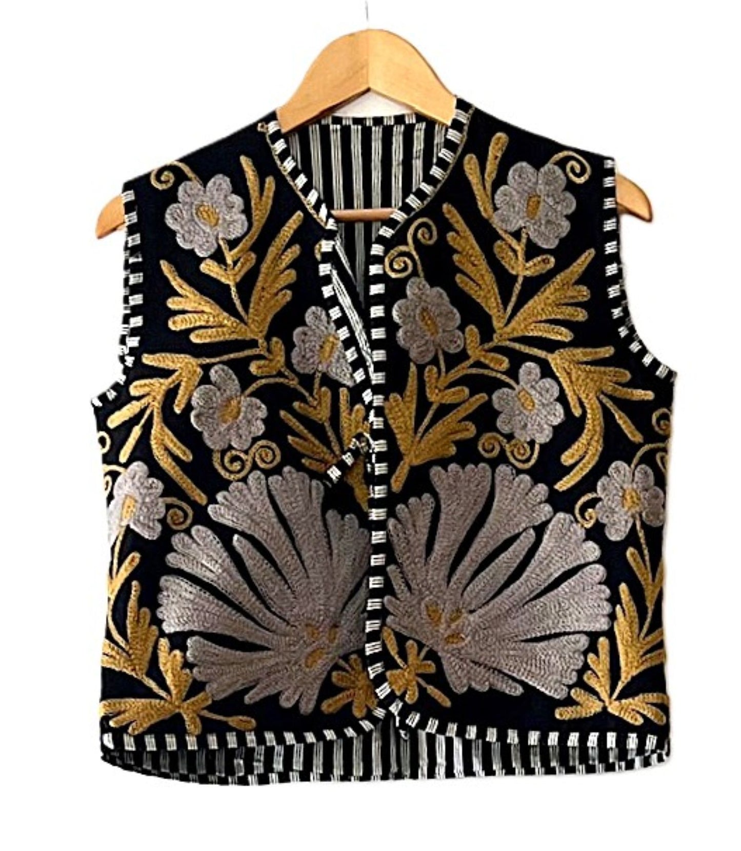 Fully Reversible Designer Handmade Embroidered Vest. Stunning. (Black Gold)
