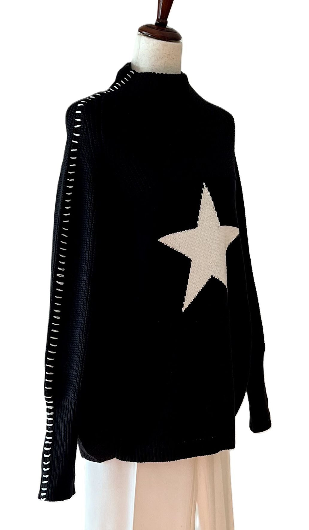 Top, Oversized Star Sweater Tunic with Side Stitch (Black)