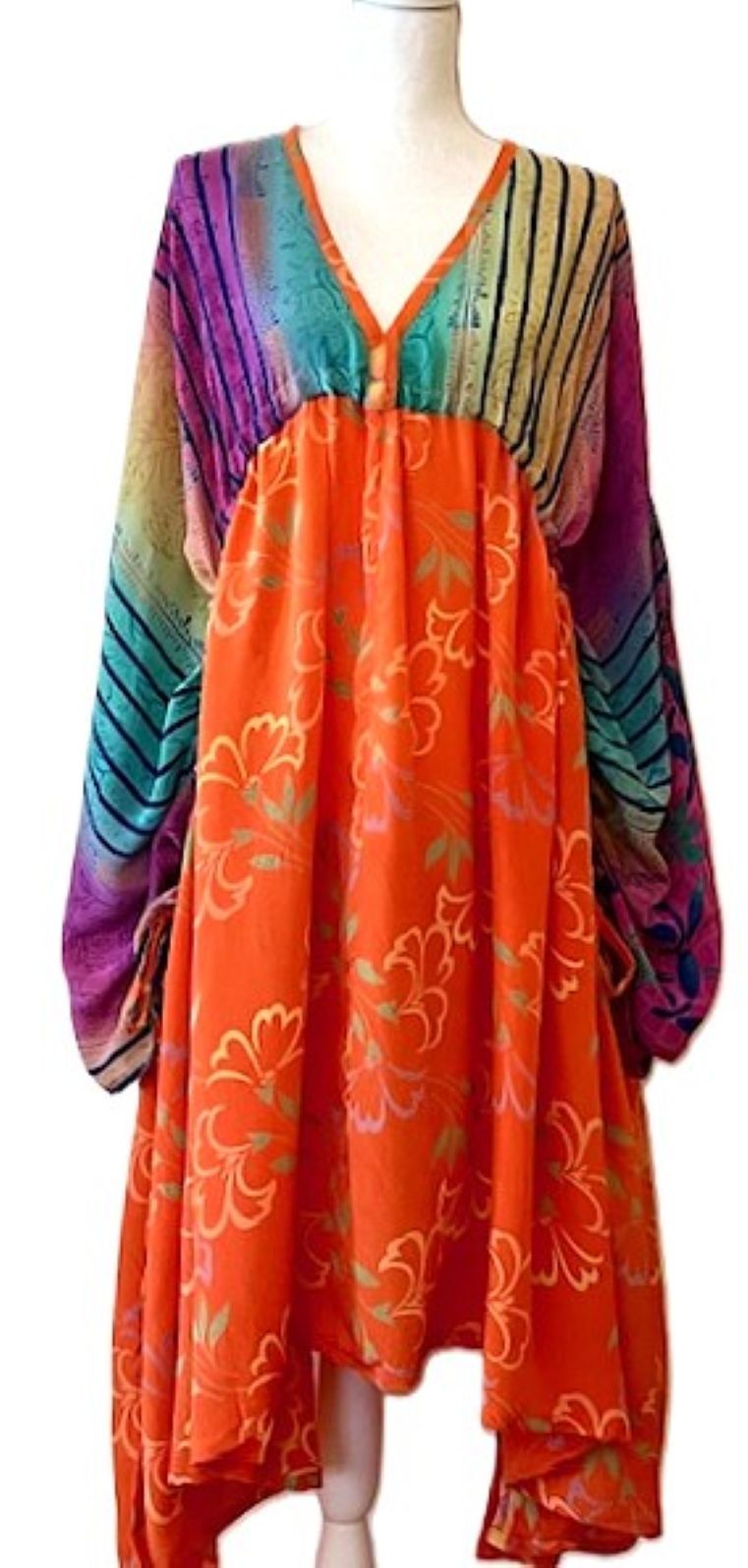 Kantha Bae Eclipse Mixed Silk Print Dress. (Orange)