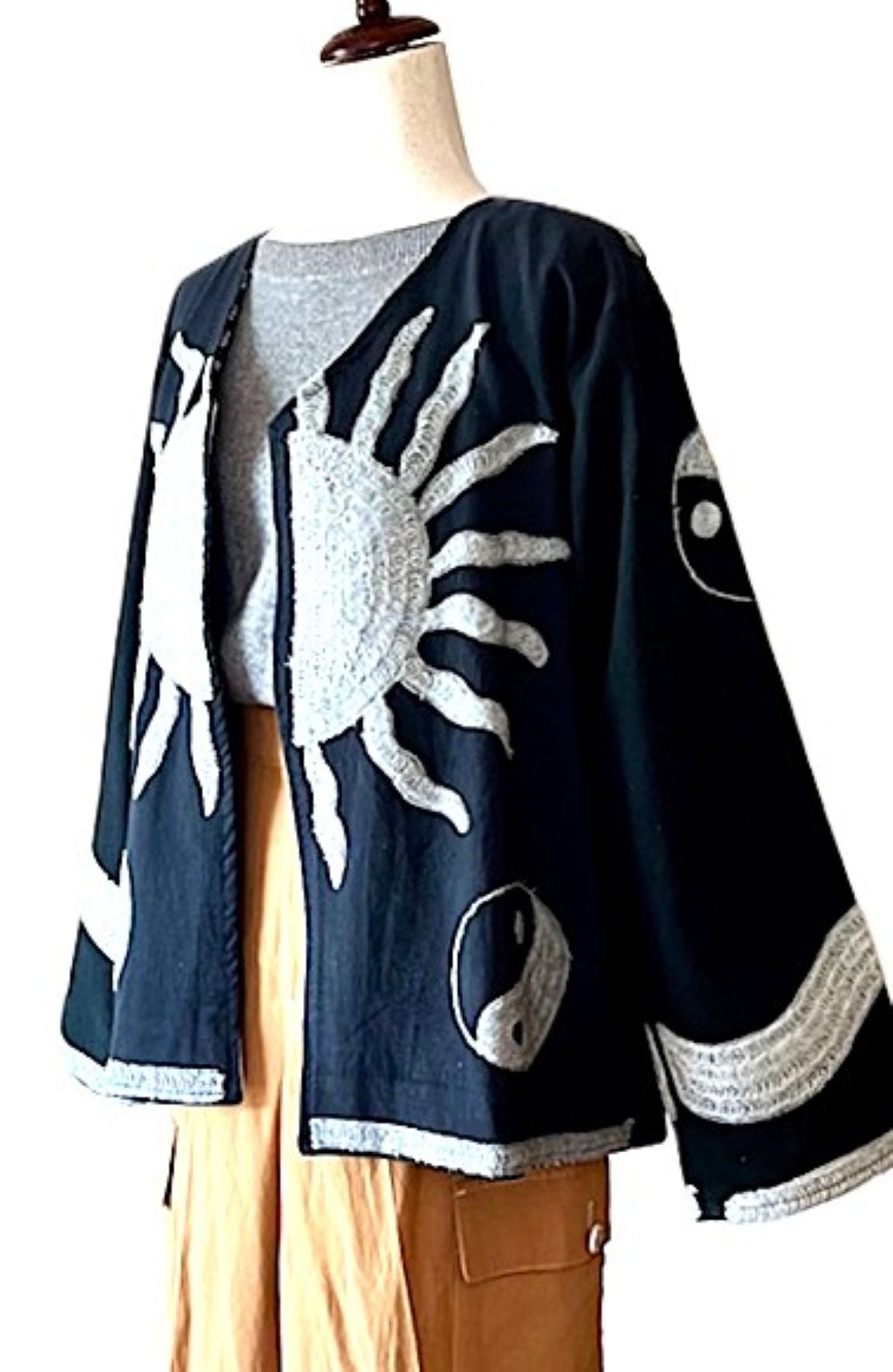 Jacket, Wearable Art In This Hand Embroidered Abstract Art Jacket. Short and Fully Reversible.(Black Silver)