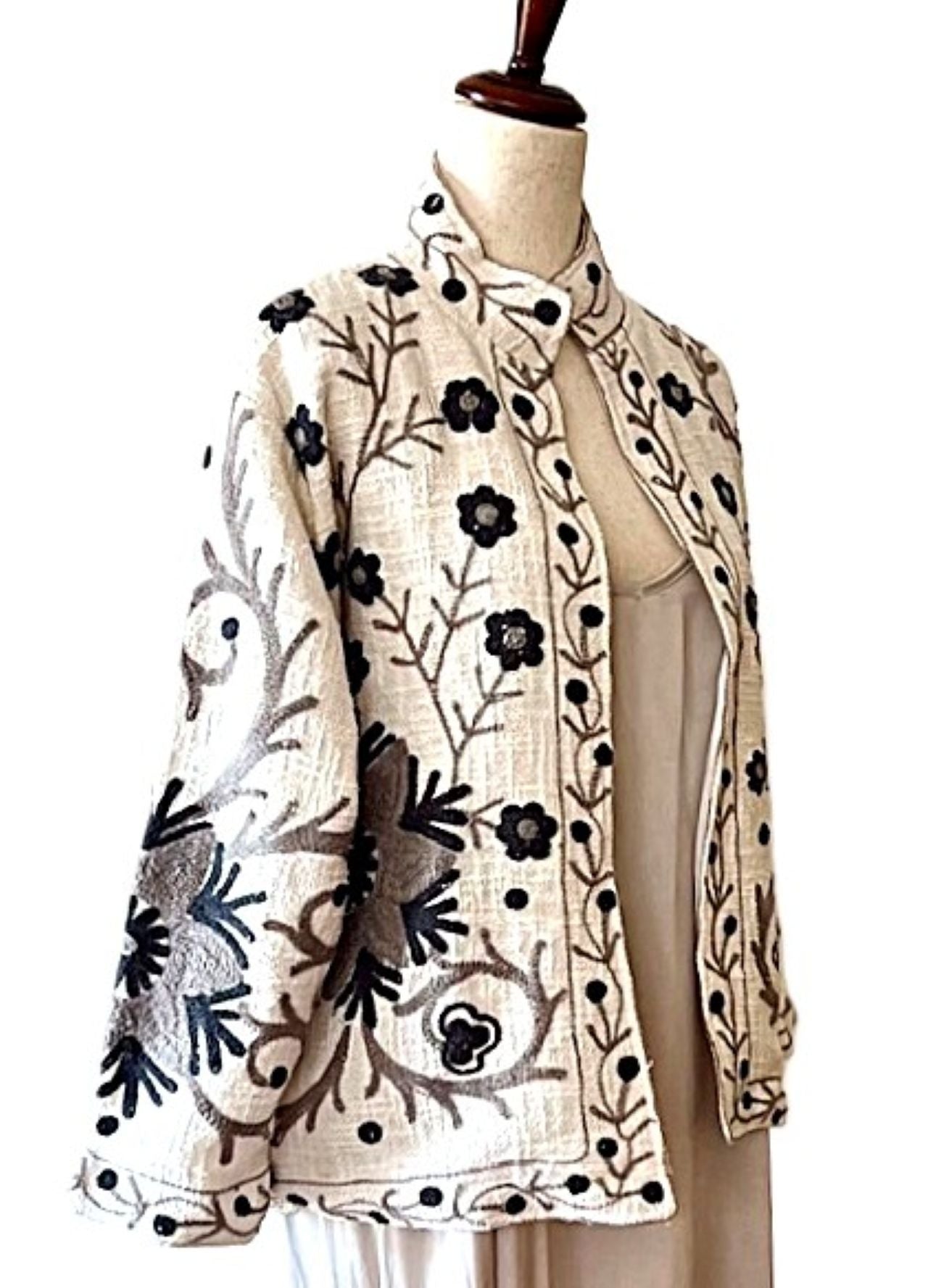 Jacket, Short Open Cut Suzani Hand Embroidered Jacket. Simple and Stylish.(Beige)