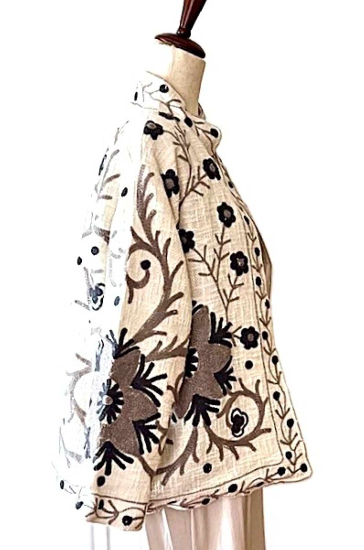 Jacket, Short Open Cut Suzani Hand Embroidered Jacket. Simple and Stylish.(Beige)