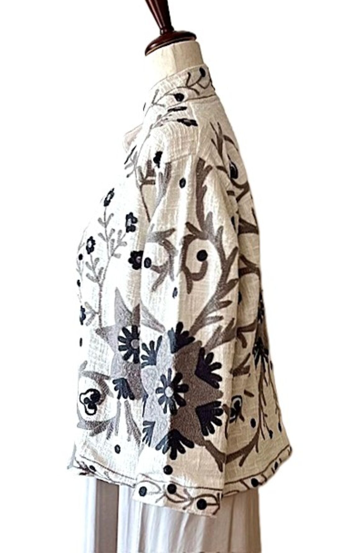 Jacket, Short Open Cut Suzani Hand Embroidered Jacket. Simple and Stylish.(Beige)