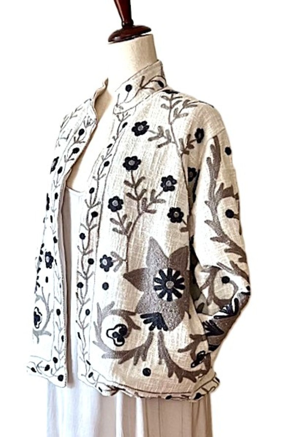 Jacket, Short Open Cut Suzani Hand Embroidered Jacket. Simple and Stylish.(Beige)