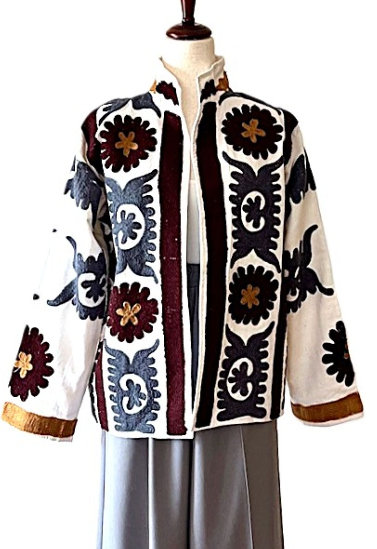 Jacket - Wearable Art, Embroidered, Boho Kimono Box Cut Top: Cotton Velvet (Gray Copper)